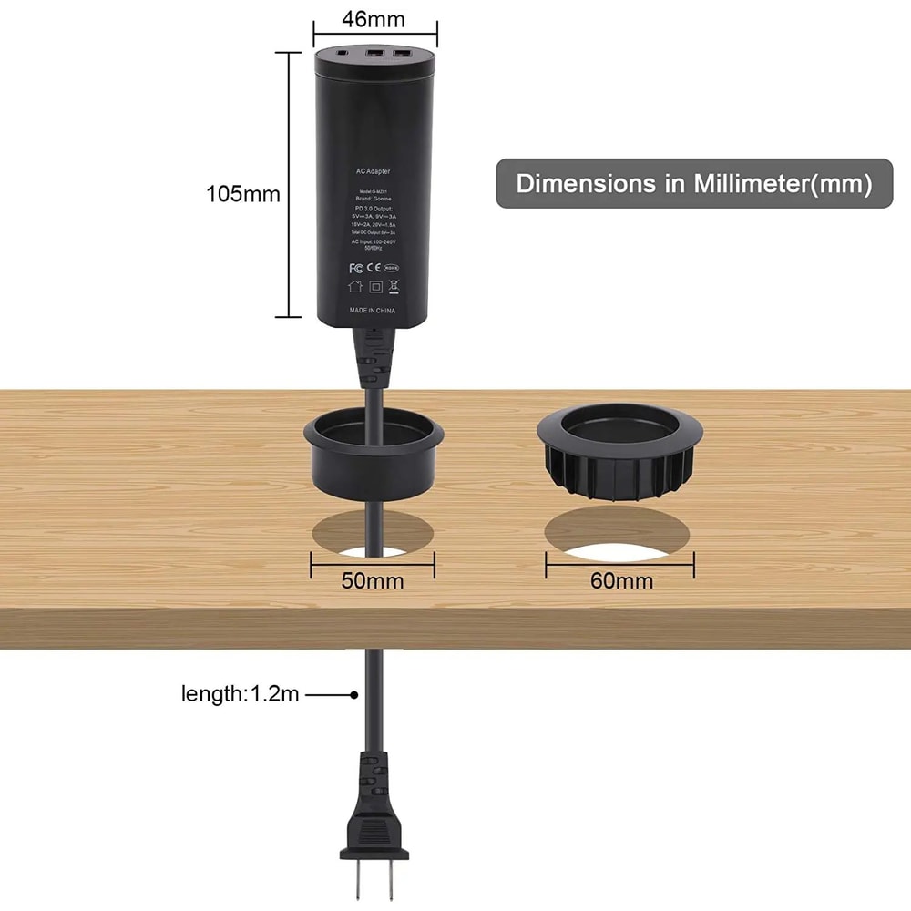 30W USBC Desktop Power Grommet Charging Station 2Inch Recessed Desk Outlet 3
