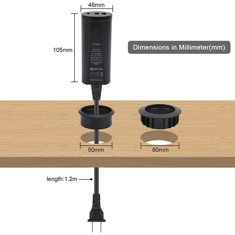 30W USBC Desktop Power Grommet Charging Station 2Inch Recessed Desk Outlet 3
