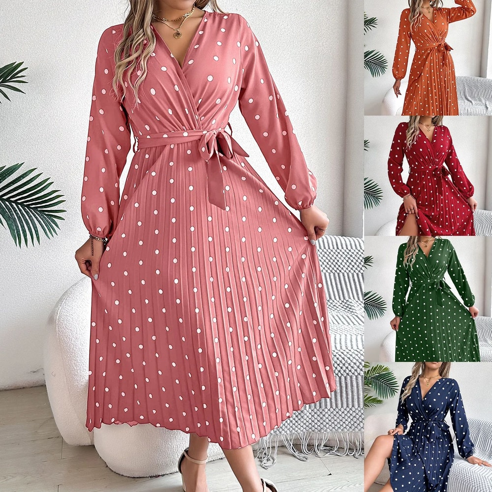 Elegant Polka Dot Maxi Dress VNeck Long Sleeve Pleated High Waist Swing Dress 0