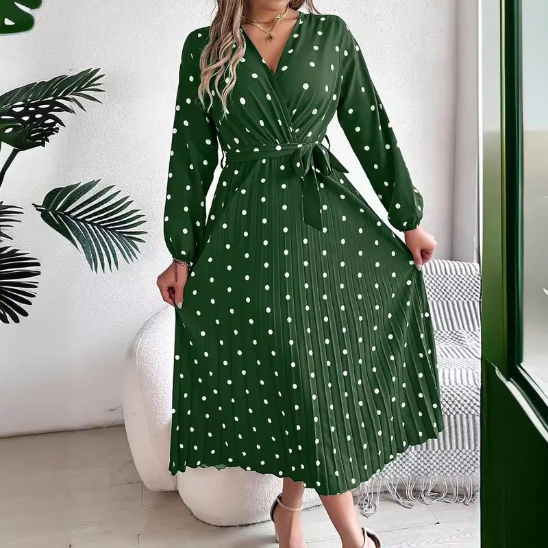 Elegant Polka Dot Maxi Dress VNeck Long Sleeve Pleated High Waist Swing Dress 1