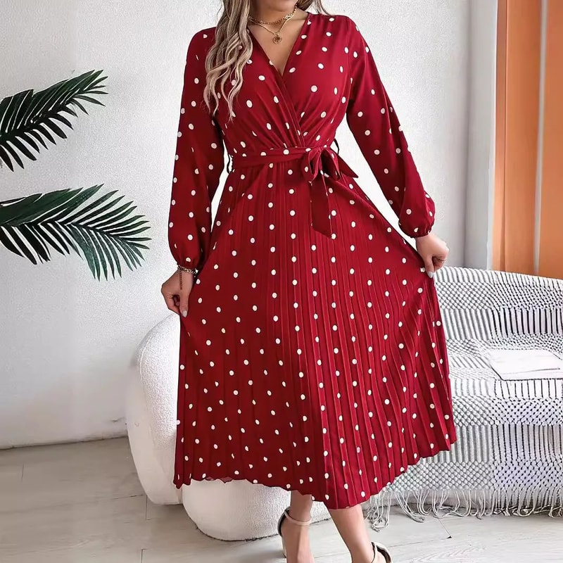 Elegant Polka Dot Maxi Dress VNeck Long Sleeve Pleated High Waist Swing Dress 2