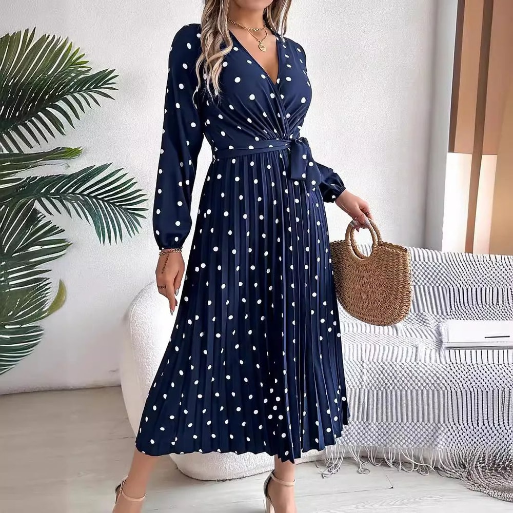 Elegant Polka Dot Maxi Dress VNeck Long Sleeve Pleated High Waist Swing Dress 3