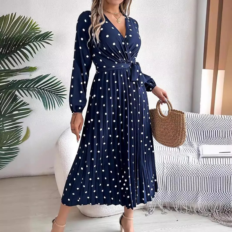Elegant Polka Dot Maxi Dress VNeck Long Sleeve Pleated High Waist Swing Dress 3