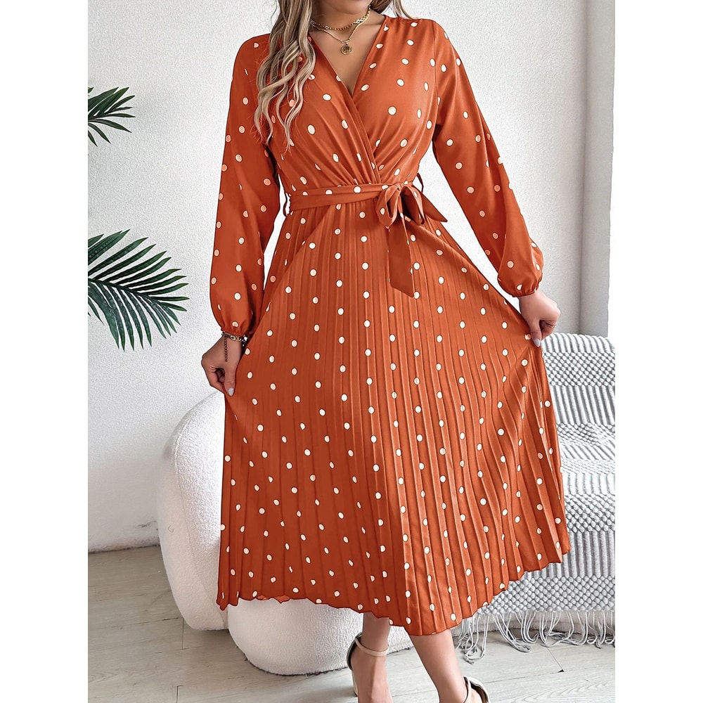 Elegant Polka Dot Maxi Dress VNeck Long Sleeve Pleated High Waist Swing Dress 4