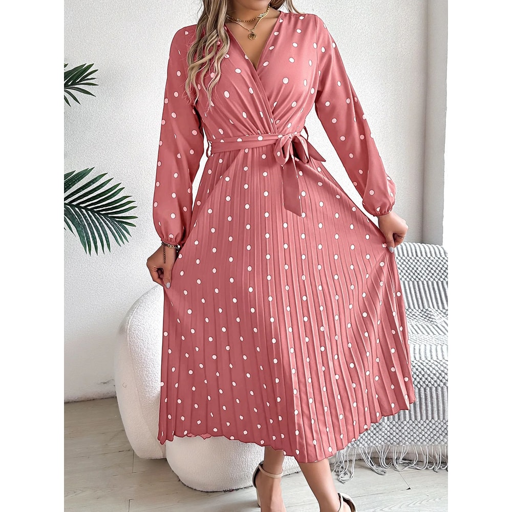 Elegant Polka Dot Maxi Dress VNeck Long Sleeve Pleated High Waist Swing Dress 5