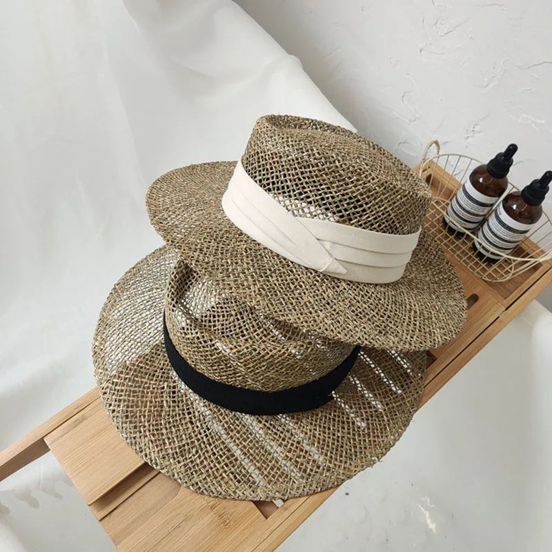 Handmade Straw Beach Hat Elegant Panama Hat For Women With Concave Flat Brim Sun Protection 1