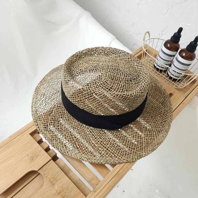 Handmade Straw Beach Hat Elegant Panama Hat For Women With Concave Flat Brim Sun Protection 9