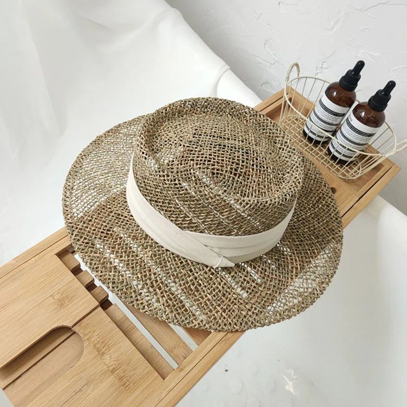 Handmade Straw Beach Hat Elegant Panama Hat For Women With Concave Flat Brim Sun Protection 10
