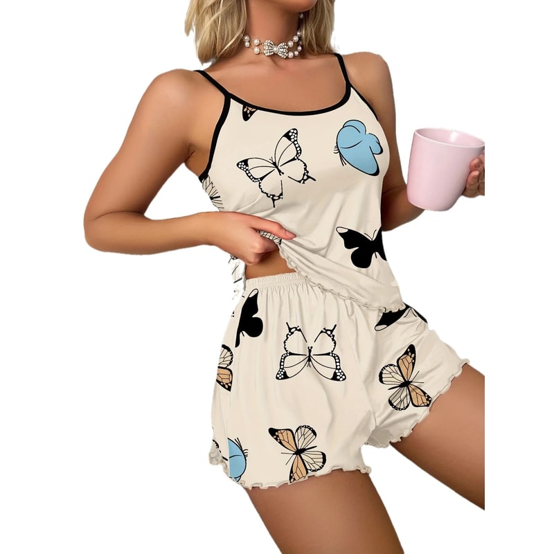 Butterfly Dreams Womens Butterfly Print Pajama Set Soft Cami And Shorts Sleepwear With Lettuce Tri 0