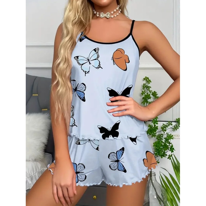 Butterfly Dreams Womens Butterfly Print Pajama Set Soft Cami And Shorts Sleepwear With Lettuce Tri 3