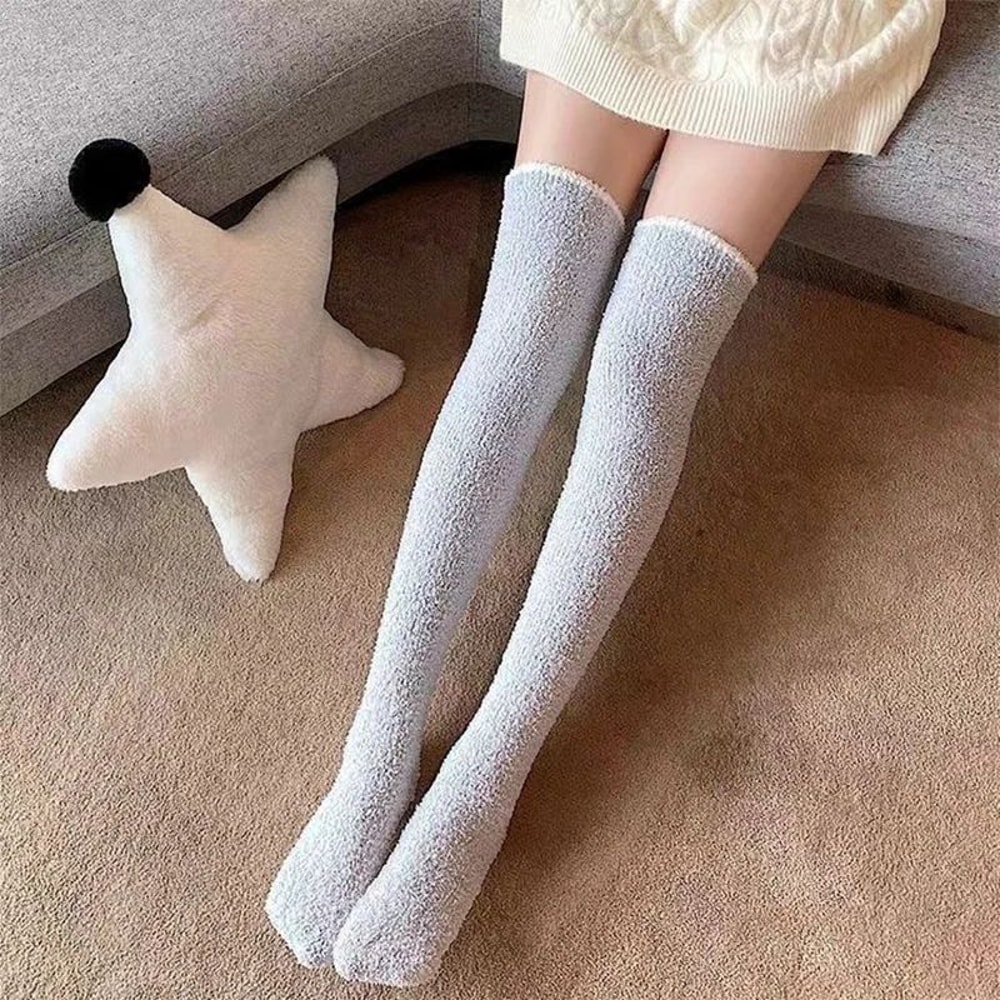 CozyCloud Coral Fleece Thigh High Socks For Women Plush Over Knee Winter Lounge Socks 1