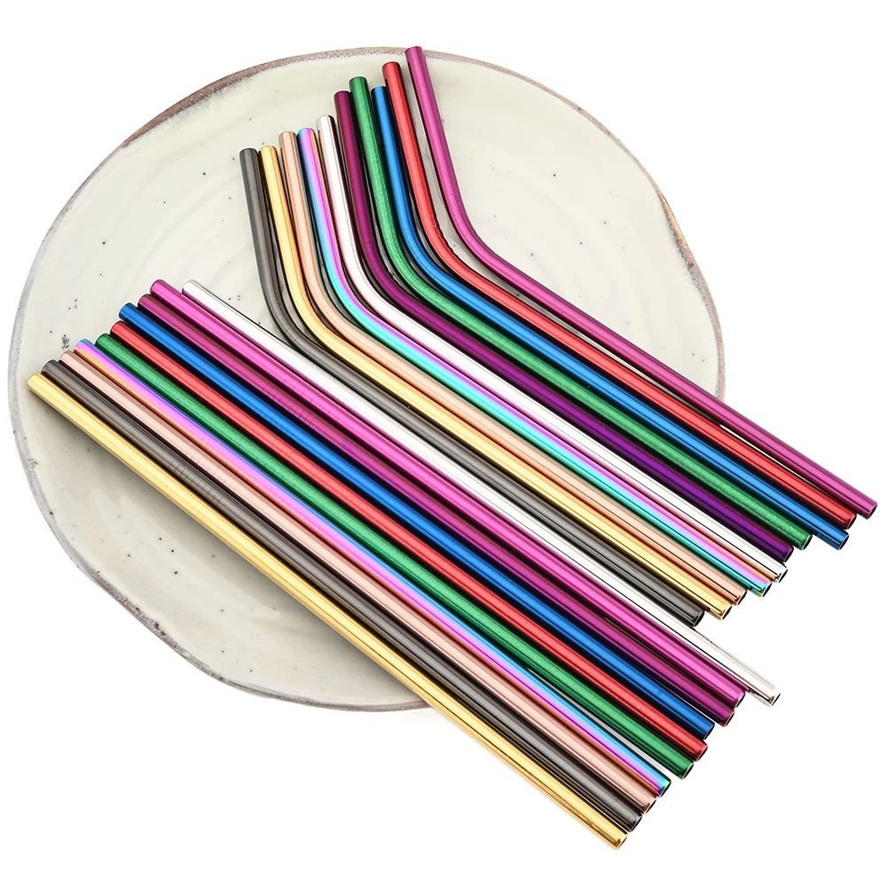 Rainbow Reusable Metal Straws Set With Cleaning Brush Premium Stainless Steel Drinking Straws For 2