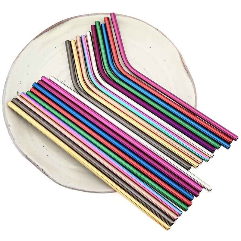 Rainbow Reusable Metal Straws Set With Cleaning Brush Premium Stainless Steel Drinking Straws For 2