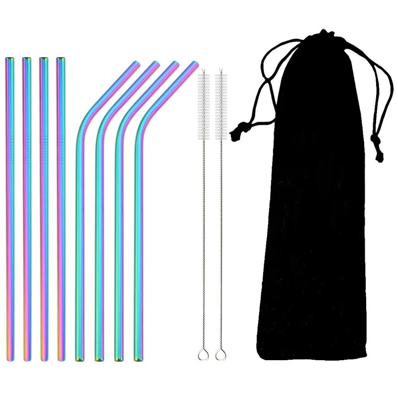 Rainbow Reusable Metal Straws Set With Cleaning Brush Premium Stainless Steel Drinking Straws For 6
