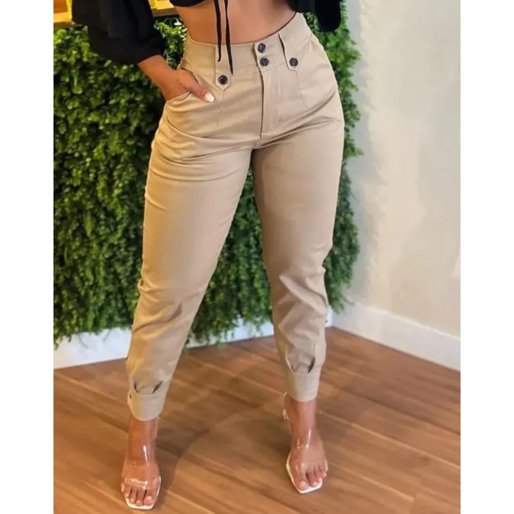 HighWaisted Womens Cargo Capri Pants Slim Fit Pocketed Casual Cropped Trousers 0