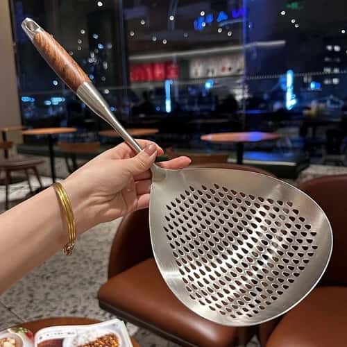 Stainless Steel Kitchen Strainer Spoon with Wood Handle – Multi-Use Cooking Sieve & Scoop