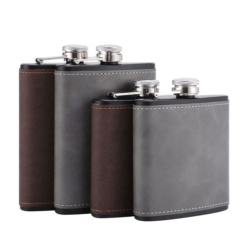 Brown Leather Hip Flask For Whiskey Portable Stainless Steel Flask In 6oz Or 8oz 0