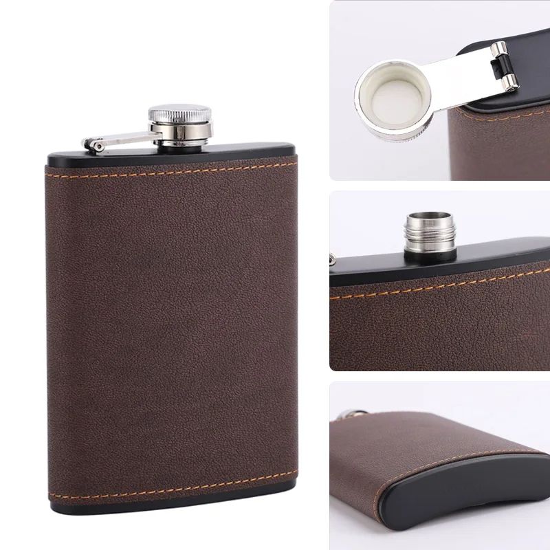 Brown Leather Hip Flask For Whiskey Portable Stainless Steel Flask In 6oz Or 8oz 1