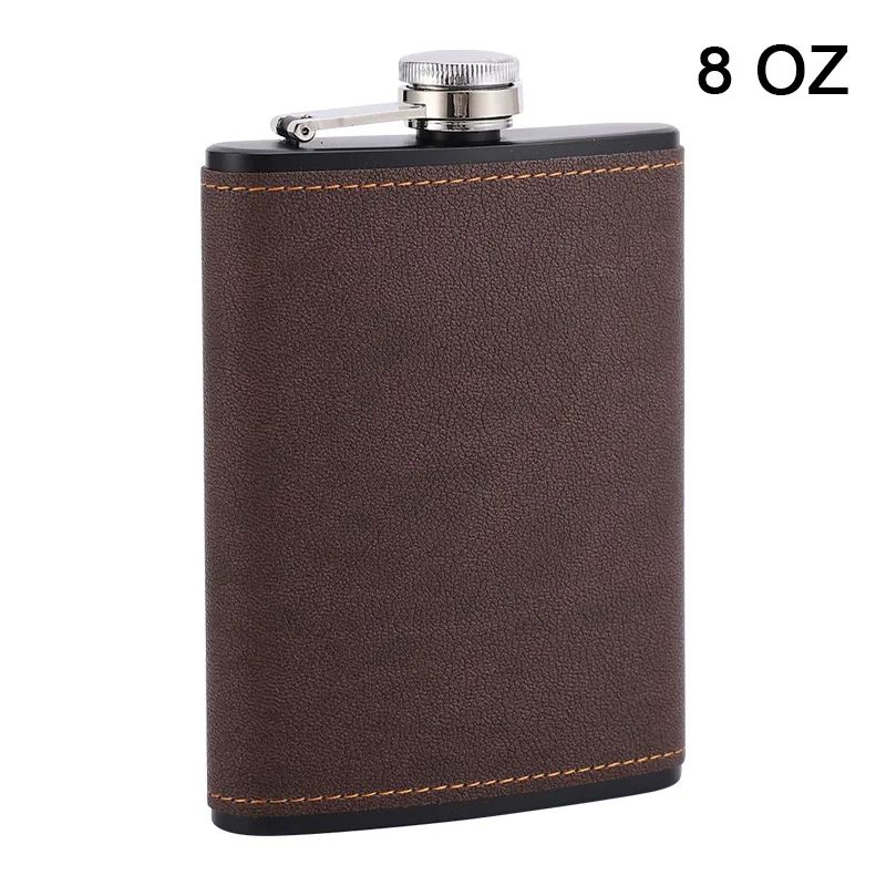Brown Leather Hip Flask For Whiskey Portable Stainless Steel Flask In 6oz Or 8oz 8