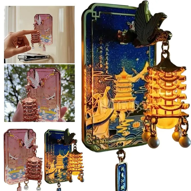 Yellow Crane Tower LED Fridge Magnet Chinese Souvenir With Cherry Blossom Light Up Design 1