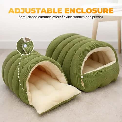 CozyTherm Plush Enclosed Cat Bed – Self-Warming Winter Cat Cave House for Calm & Comfort