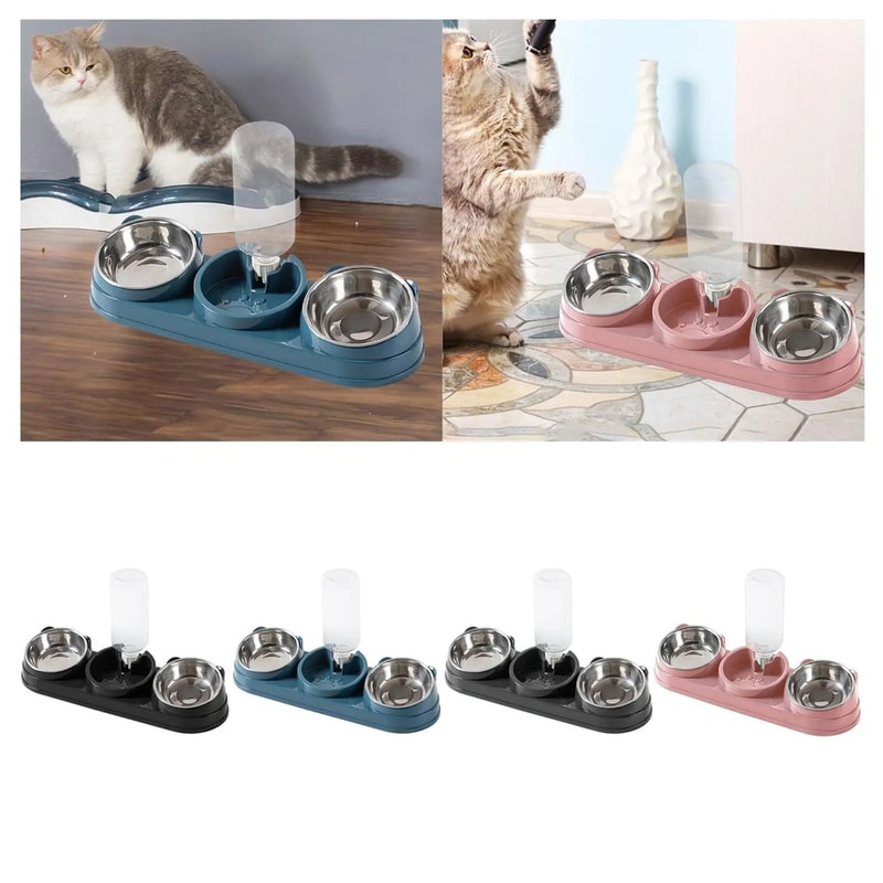 3in1 Tilted Cat Bowl Feeding Station With Automatic Water Dispenser Ergonomic Elevated Cat Bowl Se 2