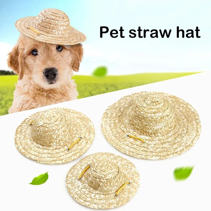 SunReady Dog Straw Hat For Small Dogs Cats Adjustable Pet Sun Hat 2