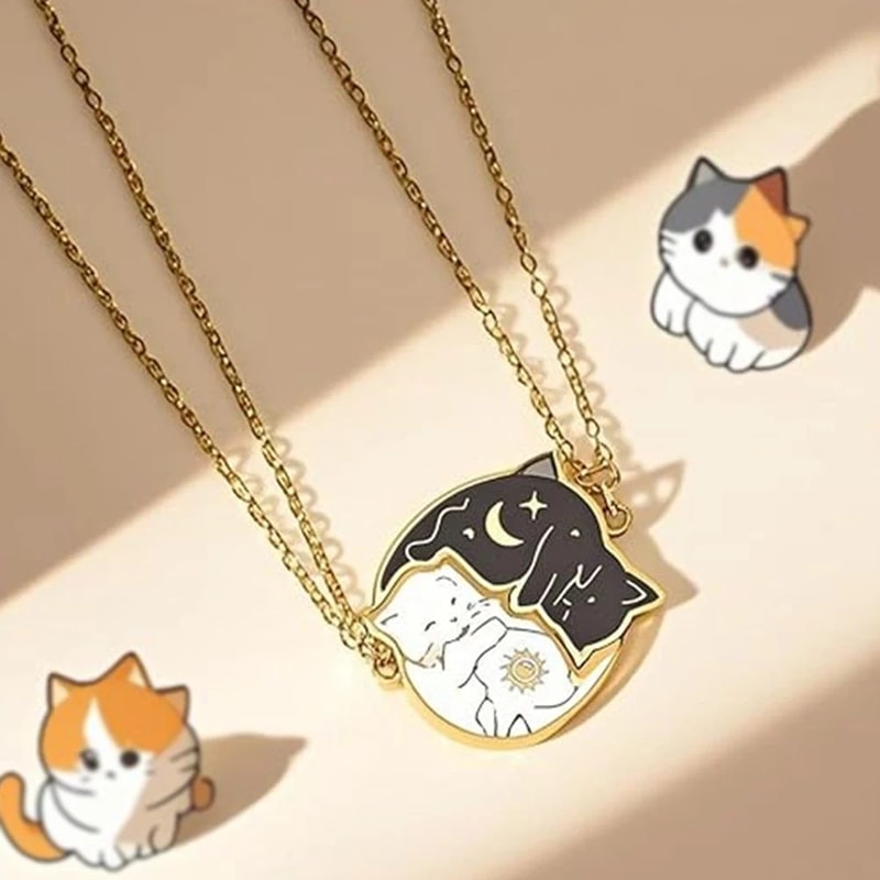 Embrace Love Cat Couple Necklace Set Stainless Steel Matching Cat Pendant For Best Friends Couple 1