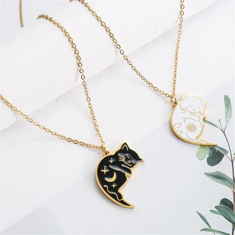 Embrace Love Cat Couple Necklace Set Stainless Steel Matching Cat Pendant For Best Friends Couple 3