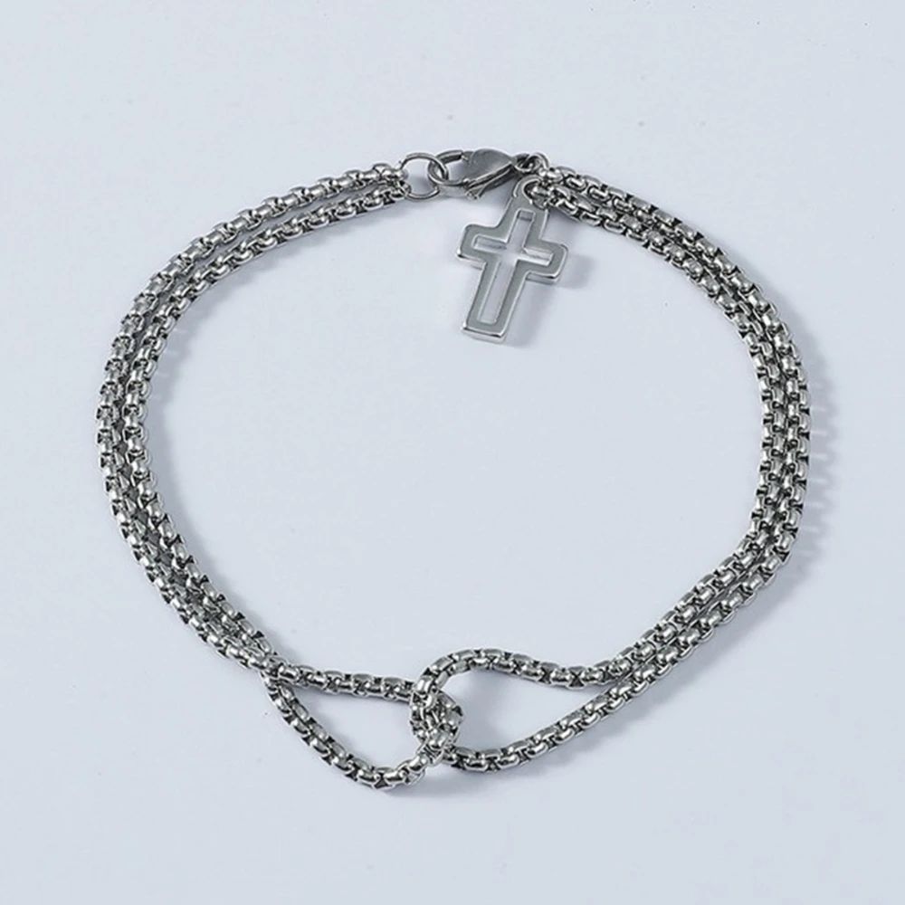 Retro Cross Double Chain Stainless Steel Bracelet For Men Women 3