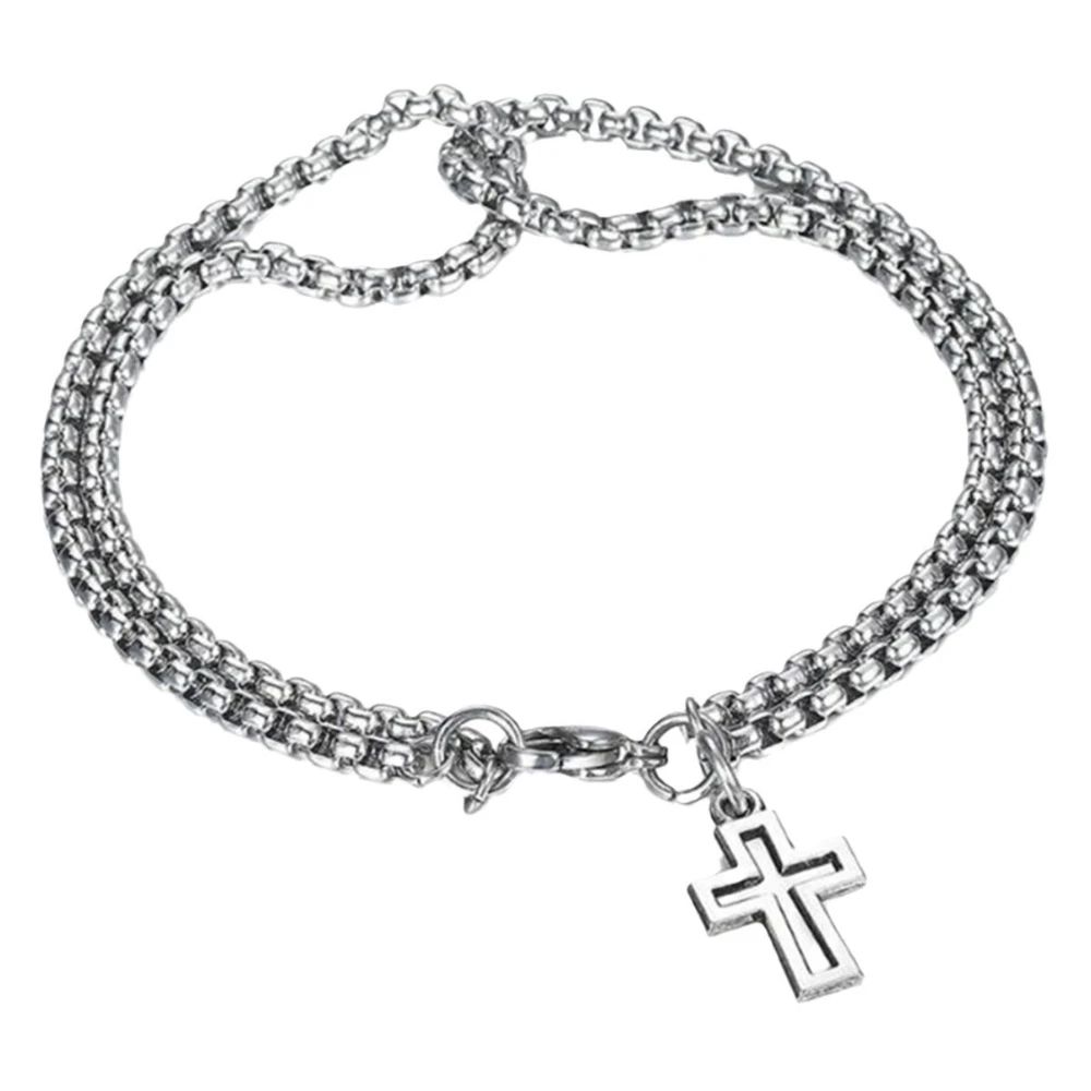 Retro Cross Double Chain Stainless Steel Bracelet For Men Women 4