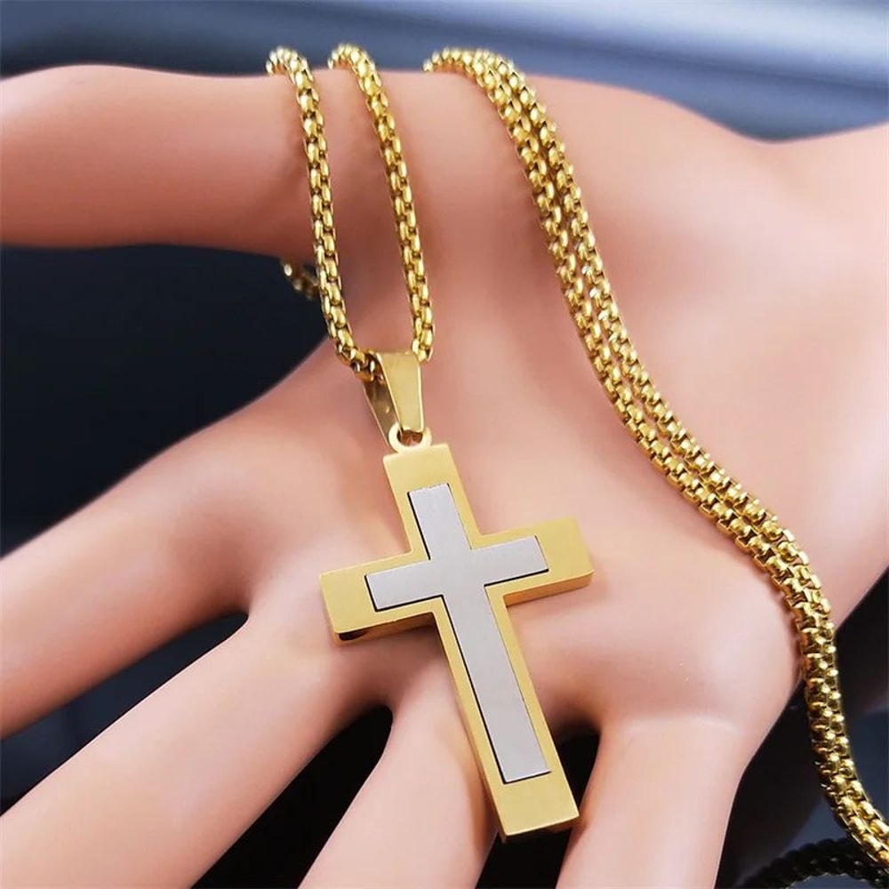 FaithGuard Stainless Steel Cross Pendant Necklace Unisex Christian Cross Necklace With 60cm Chain 5