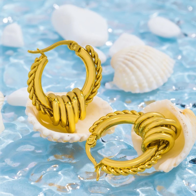 Gold Textured Multilayer Twisted Circle Statement Earrings 4