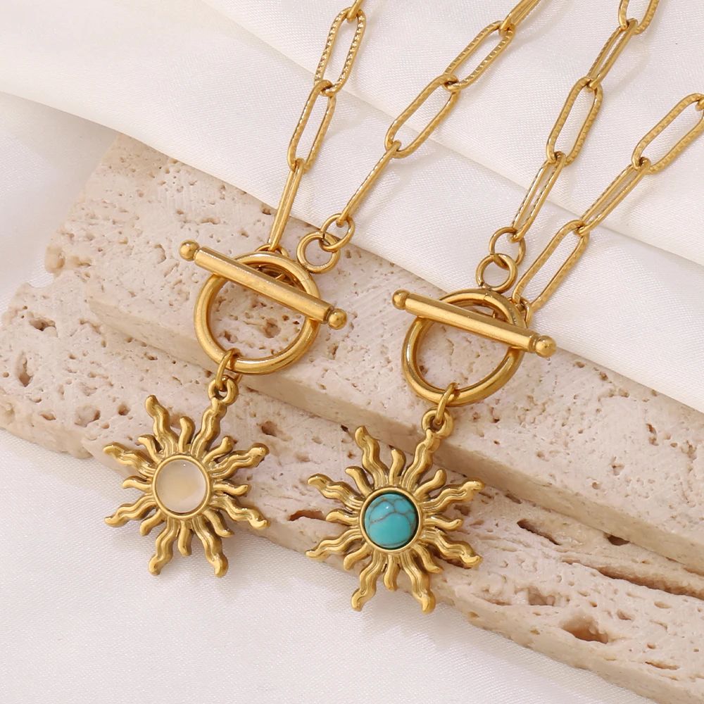 Celestial Turquoise Sun Pendant Necklace Gold Stainless Steel Sun Pendant Necklace For Women 0