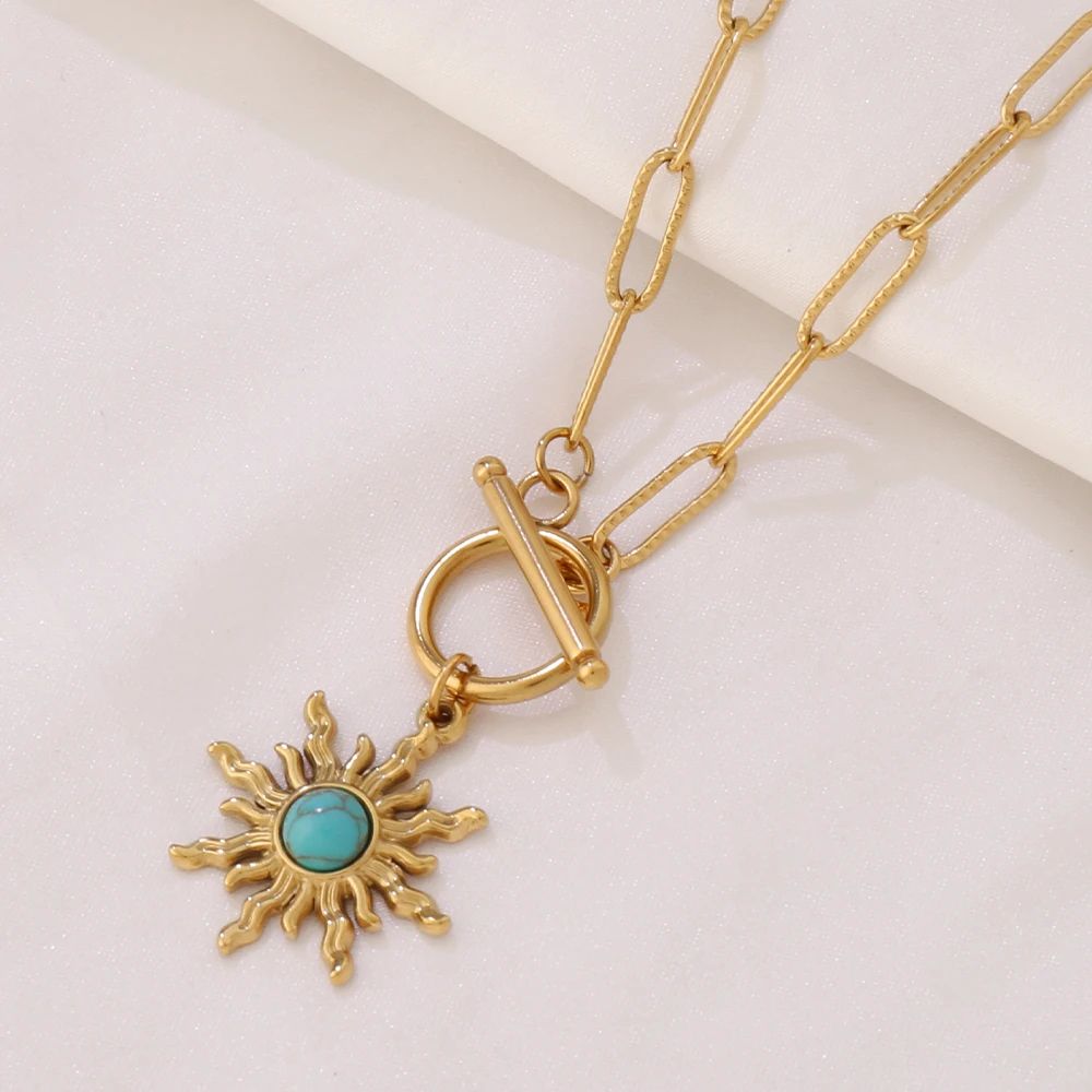 Celestial Turquoise Sun Pendant Necklace Gold Stainless Steel Sun Pendant Necklace For Women 2