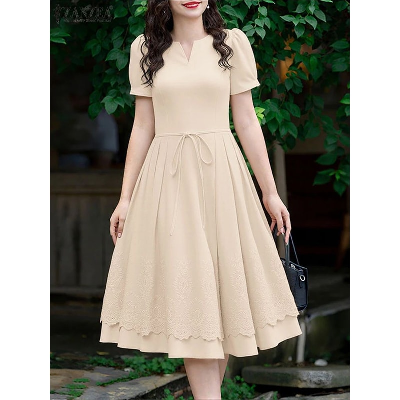 ZANZEA Lace Patchwork Summer Midi Dress With Puff Sleeves Elegant Casual Sundress For Women 1