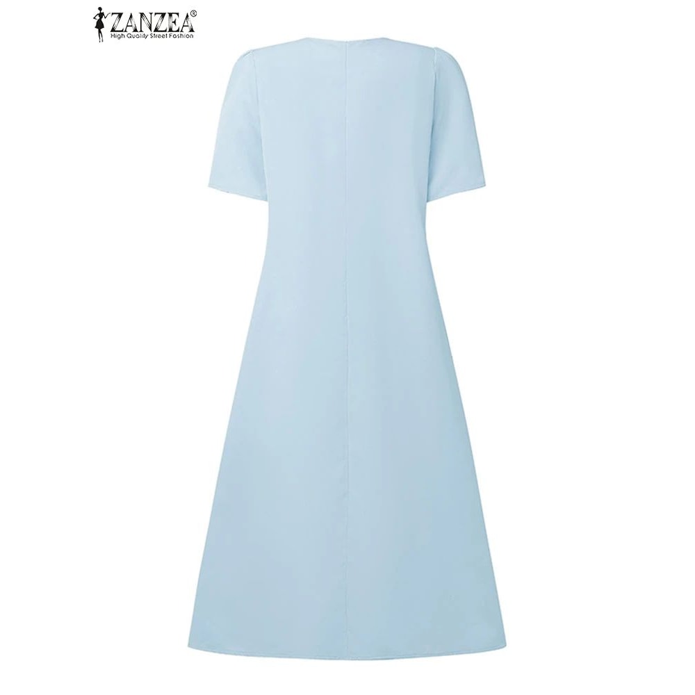 ZANZEA Lace Patchwork Summer Midi Dress With Puff Sleeves Elegant Casual Sundress For Women 5