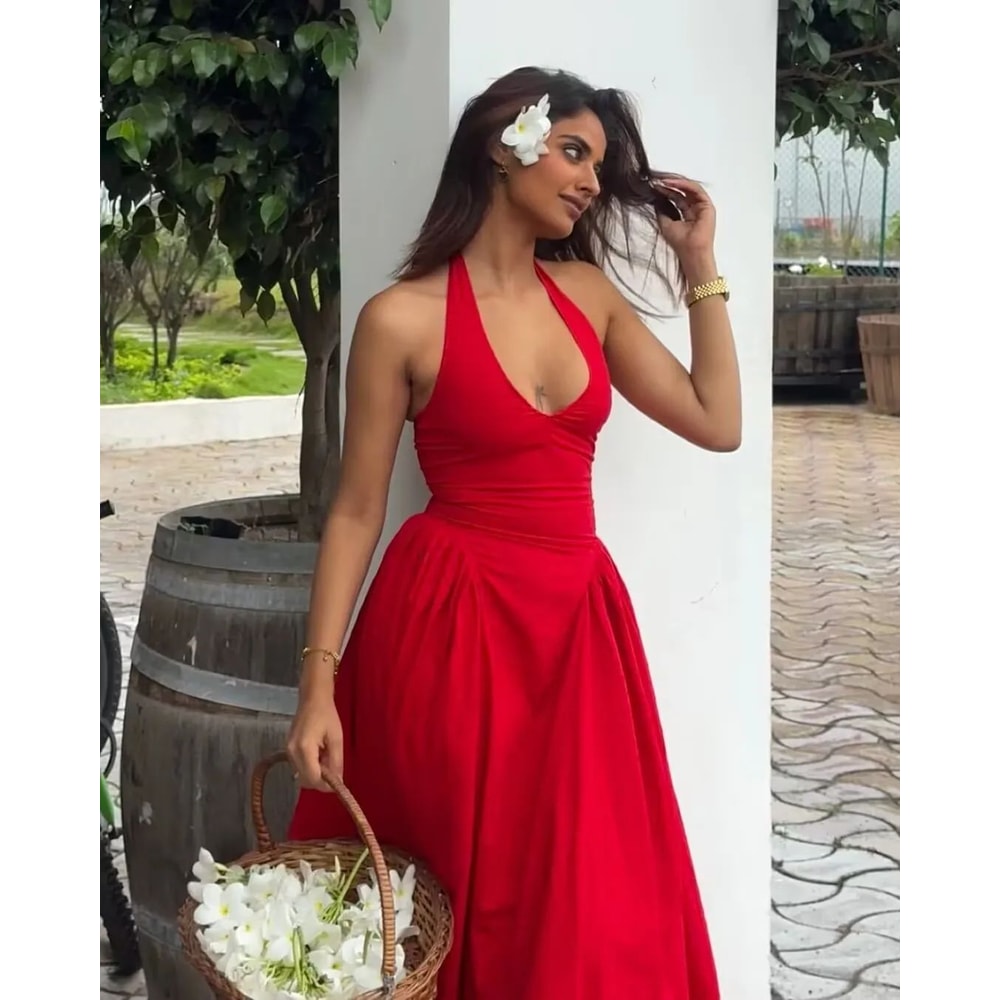 Elegant Backless Halter ALine Midi Dress Summer Backless Halter Dress For Women 7