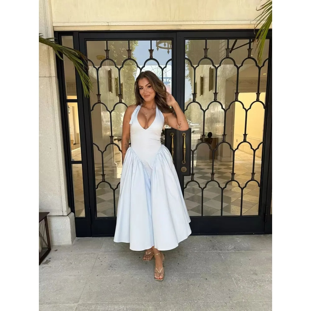 Elegant Backless Halter ALine Midi Dress Summer Backless Halter Dress For Women 11