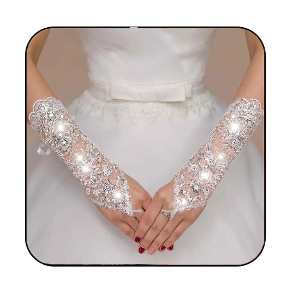Elegant Crystal Sequin Bridal Fingerless Lace Gloves For Weddings 0