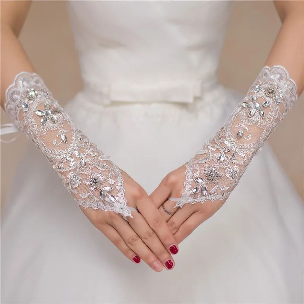 Elegant Crystal Sequin Bridal Fingerless Lace Gloves For Weddings 6