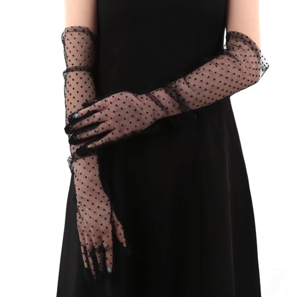 Elegant Black Lace Bridal Gloves For Women Long Mesh Polka Dot Tulle 7
