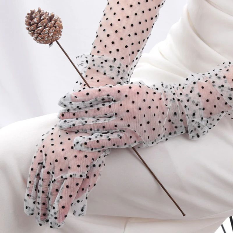 Elegant Black Lace Bridal Gloves For Women Long Mesh Polka Dot Tulle 8