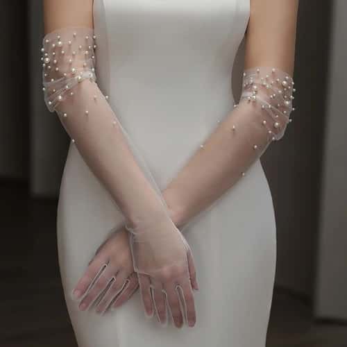 Pearl Beaded Bridal Gloves – Opera Length Tulle Wedding Gloves for Brides