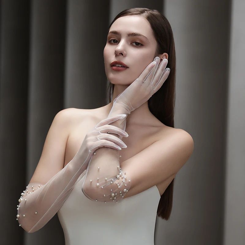 Pearl Beaded Bridal Gloves Opera Length Tulle Wedding Gloves For Brides 1
