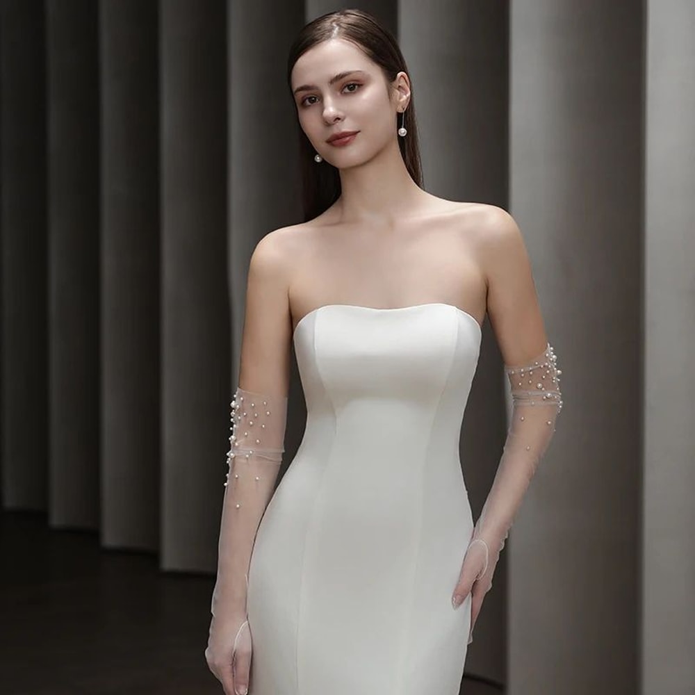 Pearl Beaded Bridal Gloves Opera Length Tulle Wedding Gloves For Brides 2