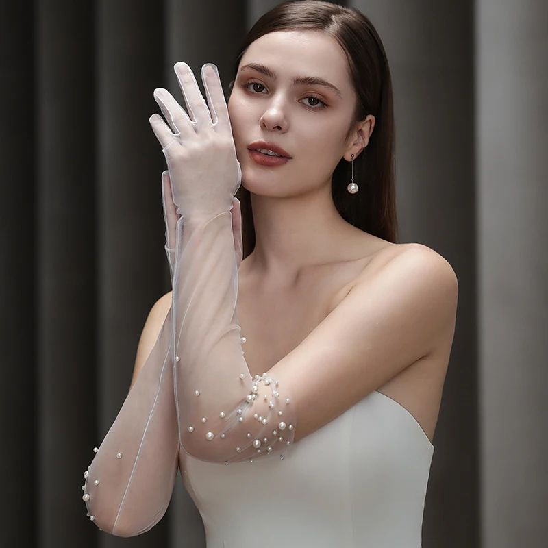 Pearl Beaded Bridal Gloves Opera Length Tulle Wedding Gloves For Brides 3