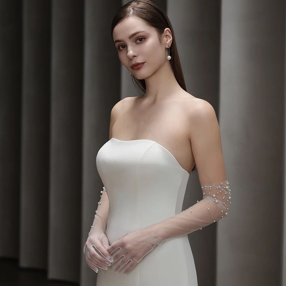 Pearl Beaded Bridal Gloves Opera Length Tulle Wedding Gloves For Brides 4