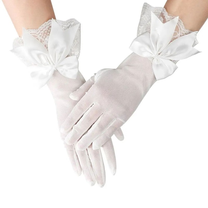 Elegant Bridal Gloves For Brides White Satin Wedding Gloves With Lace Cuffs And Bow Detail 3