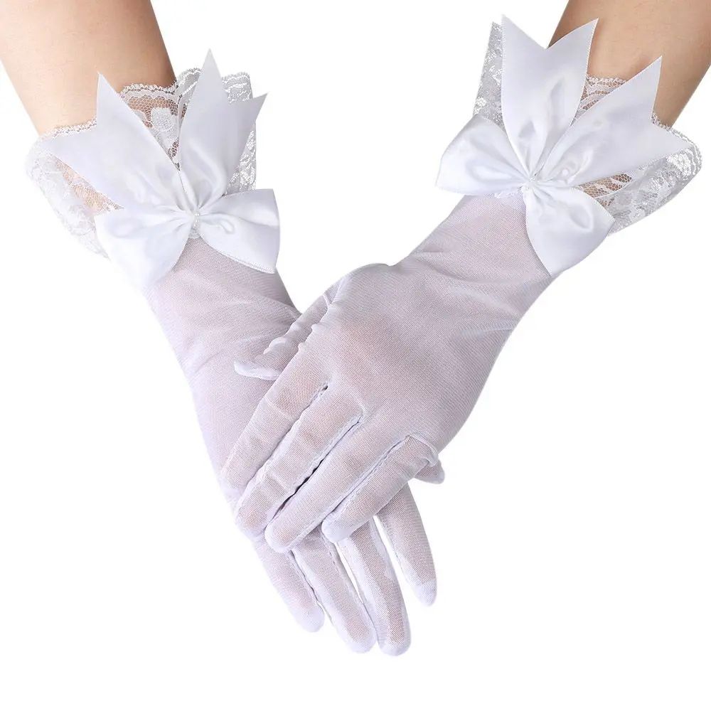 Elegant Bridal Gloves For Brides White Satin Wedding Gloves With Lace Cuffs And Bow Detail 5